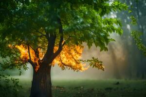 un' albero con fiamme In arrivo su di esso nel il mezzo di il foresta. ai-generato foto