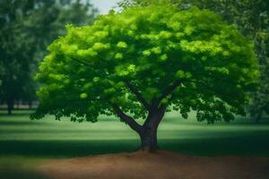 un' albero nel un' parco con verde le foglie. ai-generato foto