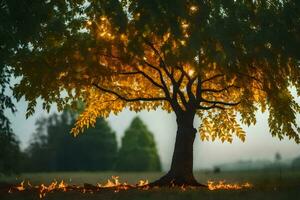 un' albero con fiamme in giro esso nel il erba. ai-generato foto