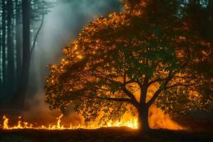 un' albero è ardente nel il foresta. ai-generato foto