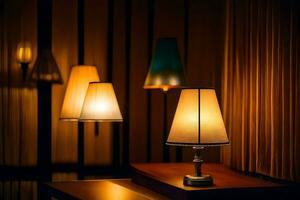 tre lampade su un' tavolo nel un' buio camera. ai-generato foto