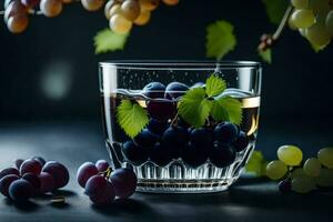 un' bicchiere di vino con uva su un' buio sfondo. ai-generato foto