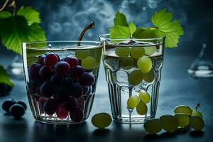 Due bicchieri pieno con uva e acqua. ai-generato foto