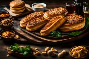 grigliato panini su un' di legno tavola con altro ingredienti. ai-generato foto