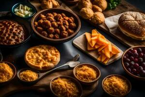 un' varietà di cibo elementi Compreso formaggio, pane, e carne. ai-generato foto