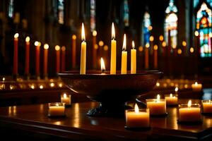 candele siamo illuminato nel un' Chiesa con candele. ai-generato foto