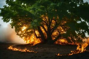 un' albero è ardente nel il mezzo di un' campo. ai-generato foto