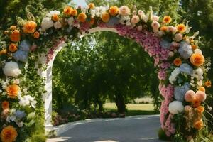 un arcata decorato con fiori nel il parco. ai-generato foto