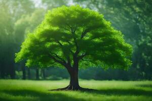 un' albero è mostrato nel il mezzo di un' verde campo. ai-generato foto