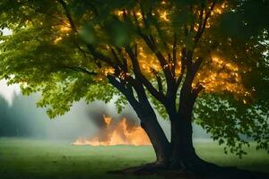 un' albero con luci su esso nel il mezzo di un' campo. ai-generato foto