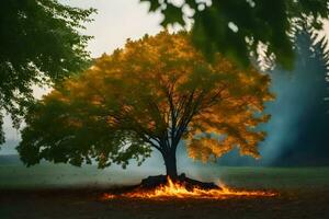 un' albero con fiamme in giro esso nel il mezzo di un' campo. ai-generato foto