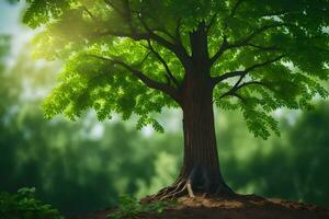 un' albero è in piedi nel il mezzo di un' campo. ai-generato foto