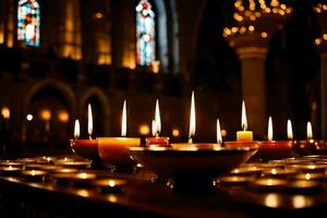 candele siamo illuminato nel un' Chiesa con candele. ai-generato foto