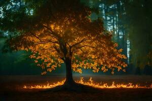 un' albero con fiamme In arrivo su di esso nel il mezzo di un' foresta. ai-generato foto