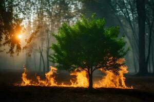 un' albero è ardente nel il foresta a tramonto. ai-generato foto