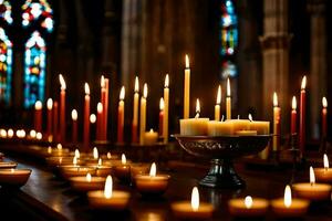 molti candele siamo illuminato nel un' Chiesa. ai-generato foto