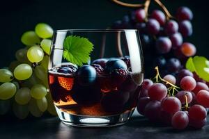 un' bicchiere di vino con uva e frutti di bosco. ai-generato foto