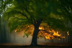 un' albero con fiamme In arrivo su di esso nel il mezzo di il foresta. ai-generato foto