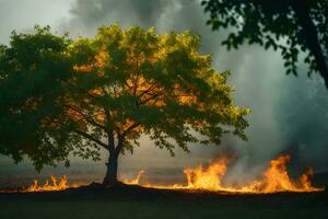 un' albero è ardente nel il campo con Fumo In arrivo a partire dal esso. ai-generato foto