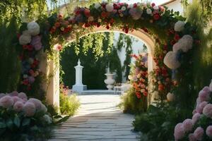 un' passerella con fiori e arco. ai-generato foto