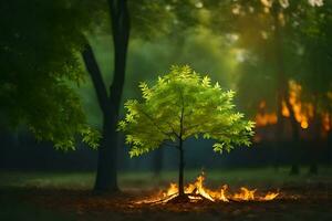 un' albero è in piedi nel il mezzo di un' foresta con fuoco. ai-generato foto