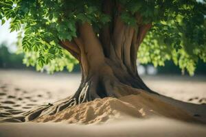 un' albero con sabbia su il terra e le foglie. ai-generato foto