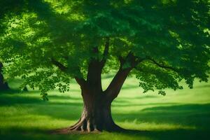 un' albero nel un' verde campo con erba. ai-generato foto