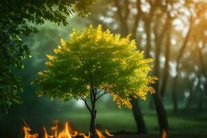 un' albero è su fuoco nel il foresta. ai-generato foto