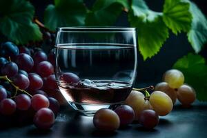 un' bicchiere di vino e uva su un' buio tavolo. ai-generato foto