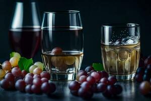 vino bicchieri e uva su un' buio sfondo. ai-generato foto