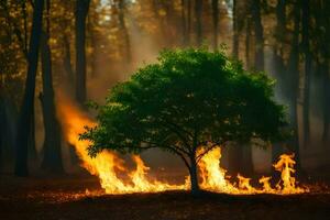 un' albero è ardente nel il foresta. ai-generato foto