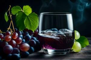 bicchiere di vino con uva e Fumo. ai-generato foto