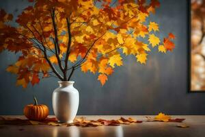 autunno le foglie nel un' vaso con zucca. ai-generato foto