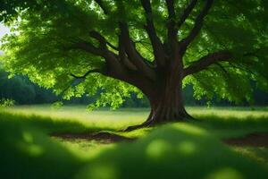 un' grande albero nel il mezzo di un' campo. ai-generato foto