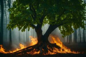 un' albero con fiamme e Fumo nel il mezzo di un' foresta. ai-generato foto