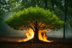 un' albero con fiamme In arrivo su di esso nel il mezzo di un' foresta. ai-generato foto