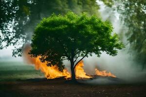 un' albero è ardente nel il mezzo di un' campo. ai-generato foto