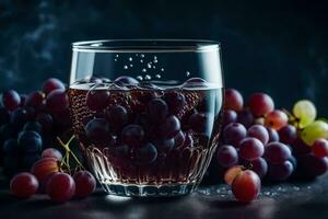 un' bicchiere di acqua con uva su un' buio sfondo. ai-generato foto