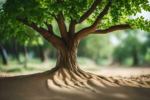 un' albero con radici nel il sabbia. ai-generato foto