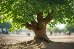 un' albero nel il deserto con persone a piedi intorno a. ai-generato foto