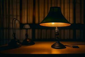 un' lampada su un' tavolo nel il scuro. ai-generato foto