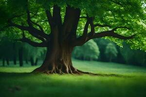 un' grande albero nel il mezzo di un' verde campo. ai-generato foto