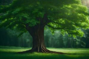 un' albero nel il mezzo di un' verde campo. ai-generato foto