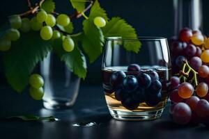 uva e un' bicchiere di vino su un' buio tavolo. ai-generato foto
