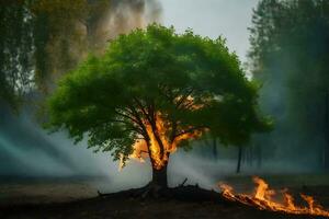 un' albero con fiamme In arrivo su di esso. ai-generato foto