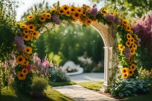 un arcata con girasoli e fiori. ai-generato foto