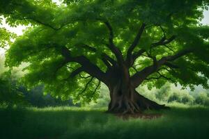 un' grande albero nel il mezzo di un' verde campo. ai-generato foto