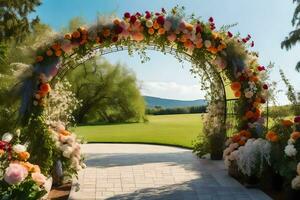 un' nozze arco decorato con fiori nel il erba. ai-generato foto