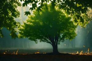 un' albero nel il mezzo di un' foresta con fuoco. ai-generato foto