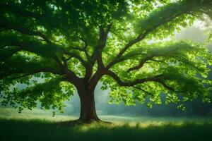 un' grande albero nel il mezzo di un' campo. ai-generato foto